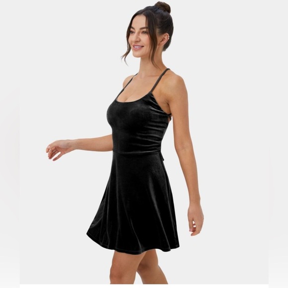 HALARA Criss‎ Cross Back Mini Lace Up Velvet Short Dress Green Pickleball Active - Picture 1 of 10